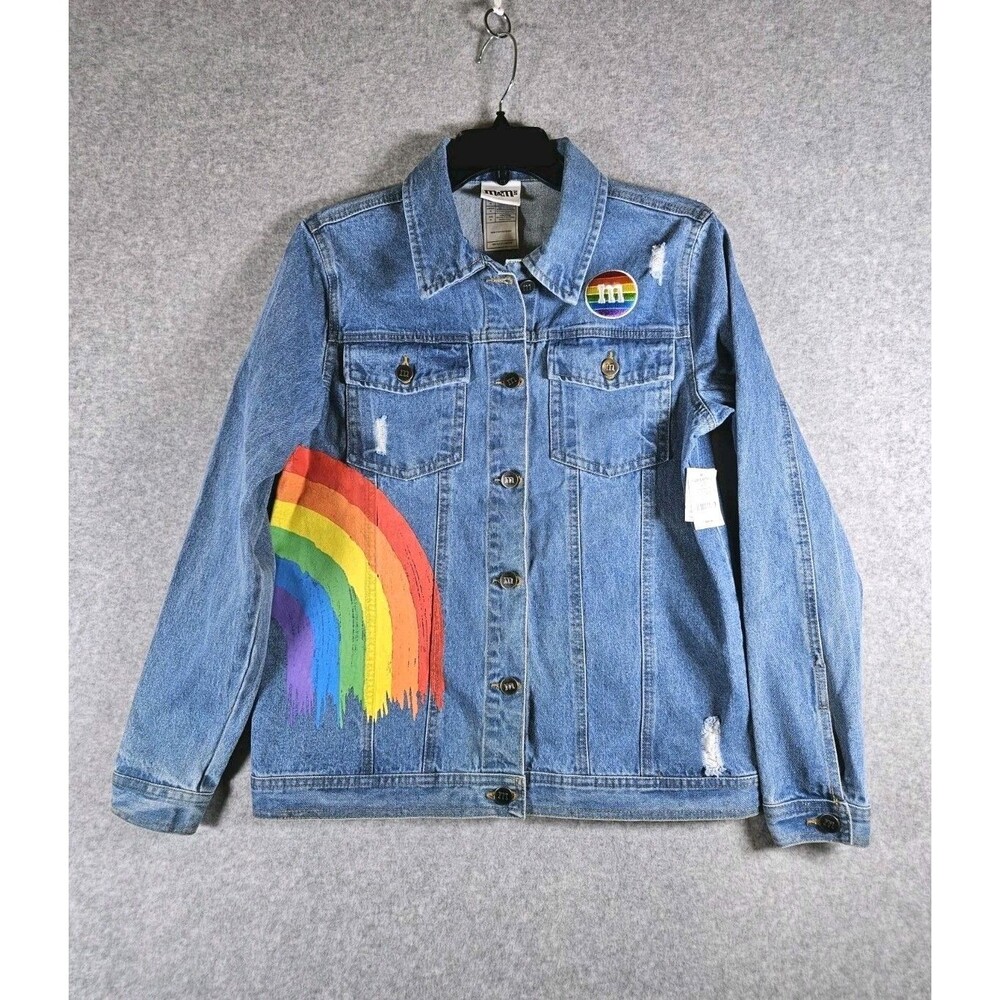 M&M's World Rainbow Drip Denim Jacket Womens Medium Distressed Jean Painted...